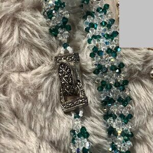 Elegant Silver, Marcasite & Green & White Crystal Stretchy Bracelet